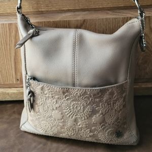 The Sak Lucia Beige Leather Floral Embellished Crossbody Bag